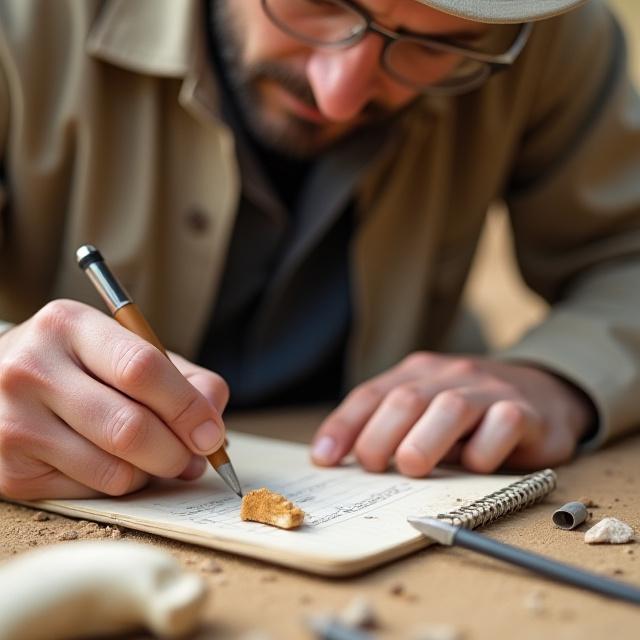 Archeologo concentrato mentre documenta un reperto prezioso su un taccuino, con altri strumenti di scavo visibili sullo sfondo.